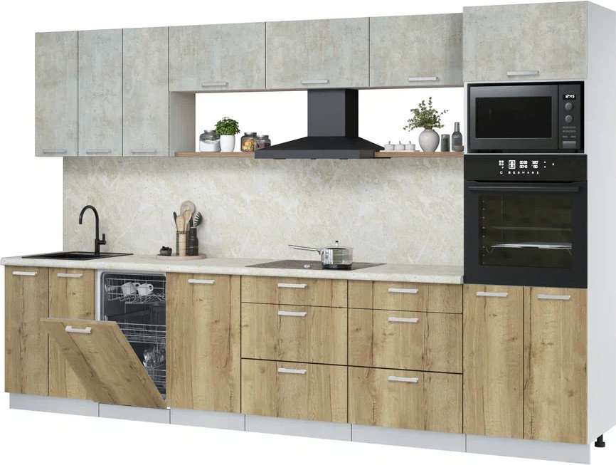 

Готовая кухня Интерлиния Мила Лайт 3.3-ПМ3 (бетон лайт/дуб золотой/опал светлый)