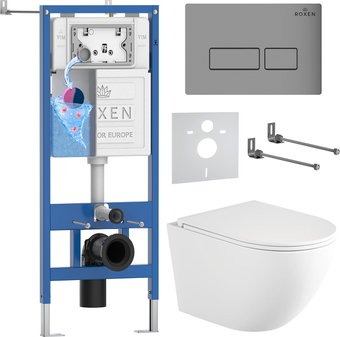 Унитаз подвесной Roxen Antares Tornado Long в комплекте с инсталляцией StounFix Dual Fresh 6 в 1 868415 (кнопка: хром матовый матовая)