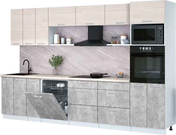 

Готовая кухня Интерлиния Мила Лайт 3.3-ПМ1-2 (вудлайн кремовый/бетон/бискайская сосна)