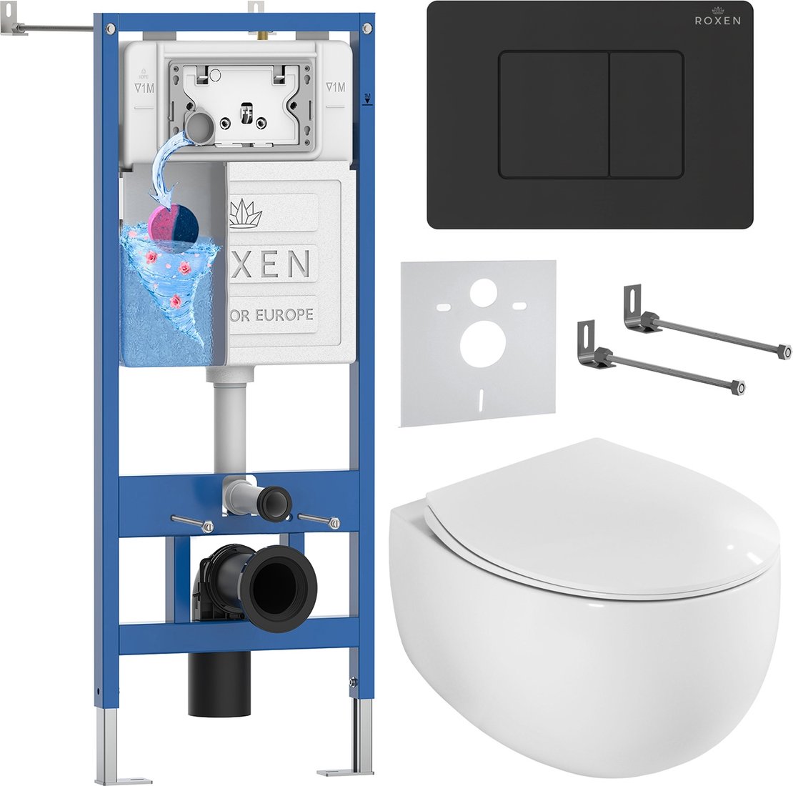 

Унитаз подвесной Roxen EGG в комплекте с инсталляцией StounFix Dual Fresh 6 в 1 868503 (кнопка: черный матовая)