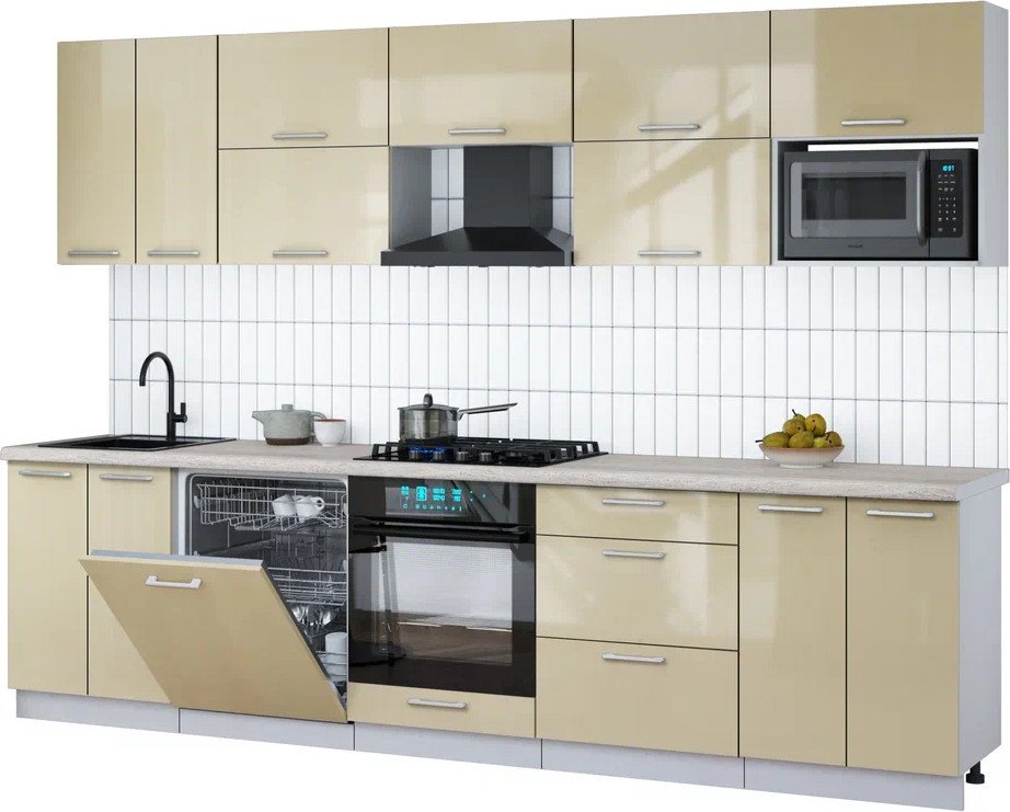 

Готовая кухня Интерлиния Мила Gloss 3.0-ПМ2 (ваниль глянец/ваниль глянец/травертин серый)