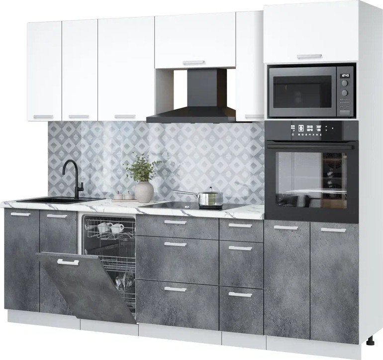 

Готовая кухня Интерлиния Мила Лайт 2.55-ПМ3 (белый платинум/бетон портленд/белый гранит)