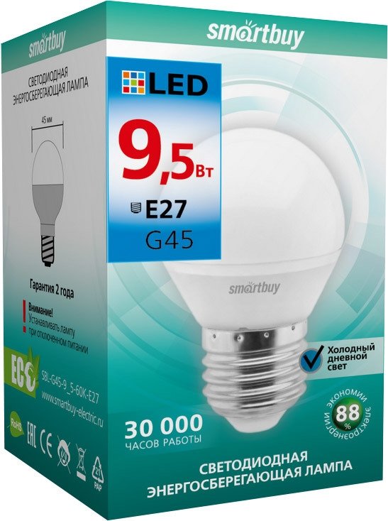 

Светодиодная лампочка SmartBuy G45 E27 9.5 Вт 6000 К [SBL-G45-9_5-60K-E27]
