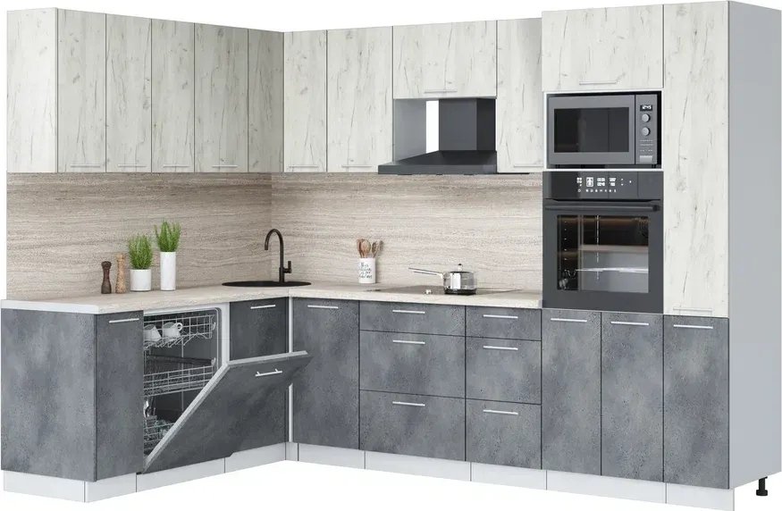 

Готовая кухня Интерлиния Мила Лайт 1.896х2.88 (дуб белый/бетон портленд/травертин серый)