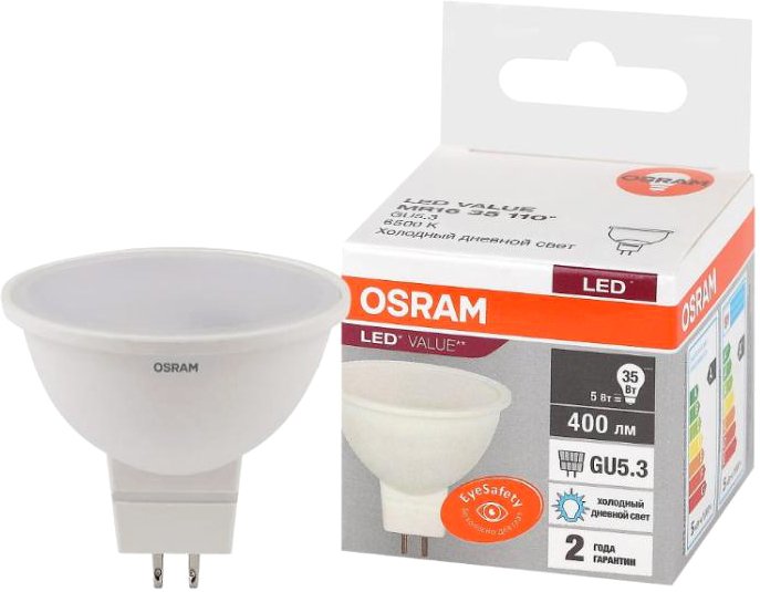

Светодиодная лампочка Osram LV MR1635 5 SW/865 230V GU5.3 RU 110
