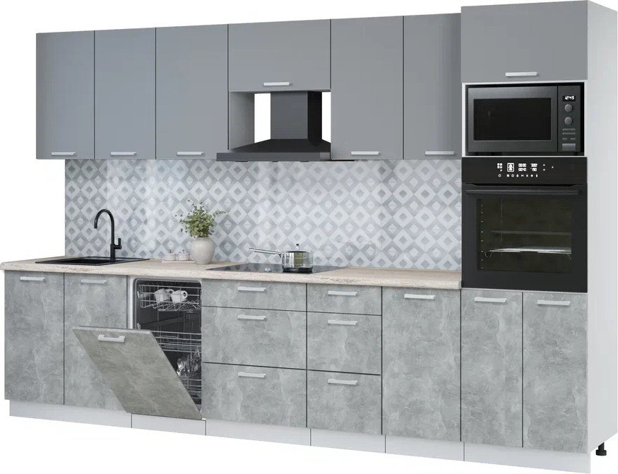 

Готовая кухня Интерлиния Мила Лайт 3.25-ПМ3 (серебро/бетон/травертин серый)