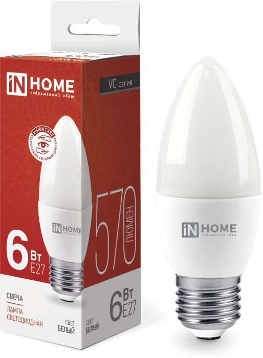 

Светодиодная лампочка In Home LED-Свеча-VC 6Вт 230В Е27 4000К 570Лм 4690612020419