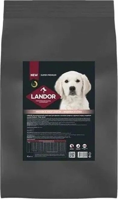 

Сухой корм для собак Landor Medium & Maxi Junior для щенков и юниоров средних и крупных пород с индейкой и уткой 15 кг