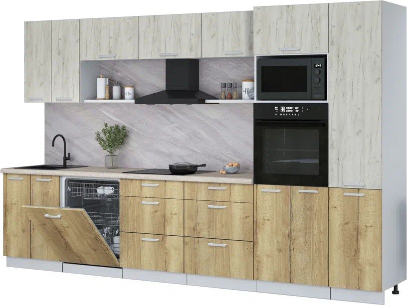 

Готовая кухня Интерлиния Мила Лайт 3.4-ПМ1 (дуб белый/дуб золотой/травертин серый)