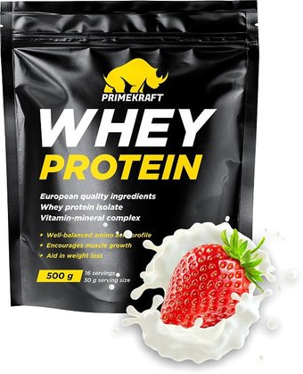 Протеин сывороточный (концентрат) Prime Kraft Whey Protein с витаминами и минералами (500г, клубничный йогурт)