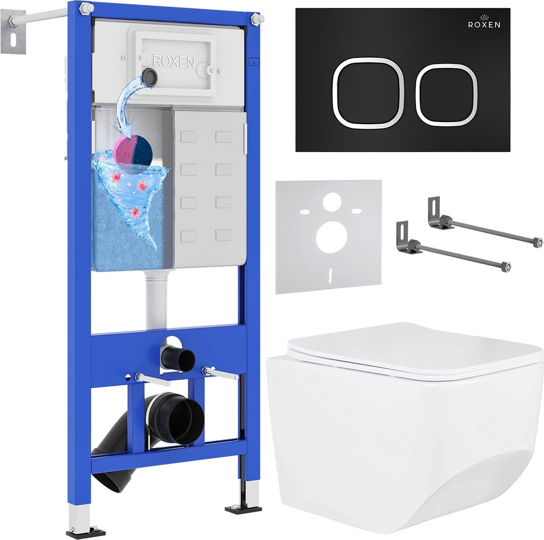 

Унитаз подвесной Roxen Boro One Rimless 6 в 1 StounFix Dual Fresh 545698 (кнопка: черный матовый)
