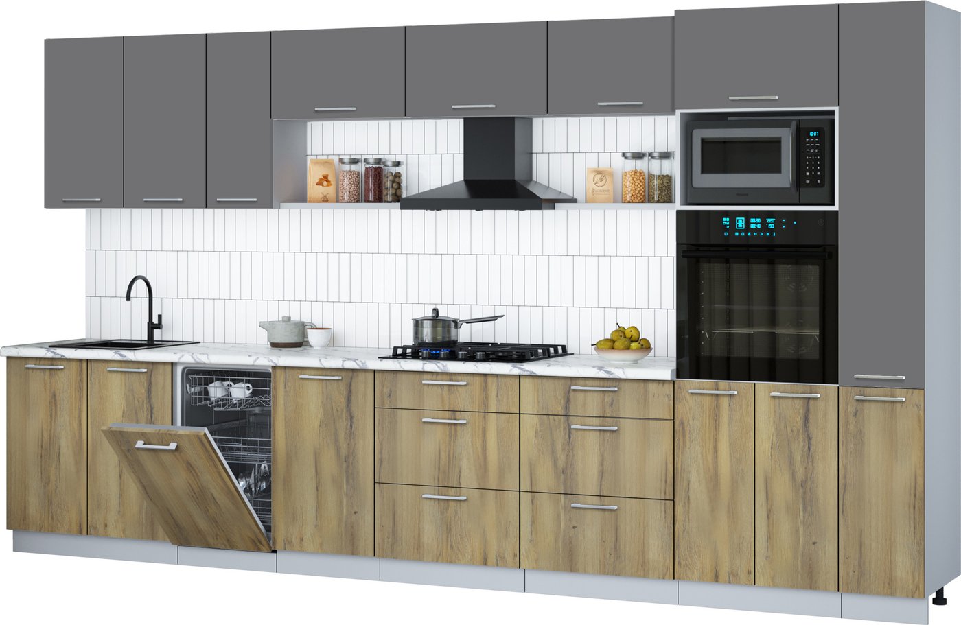 

Готовая кухня Интерлиния Мила Gloss 3.8-ПМ3 (дуб вотан/серый/белый гранит)