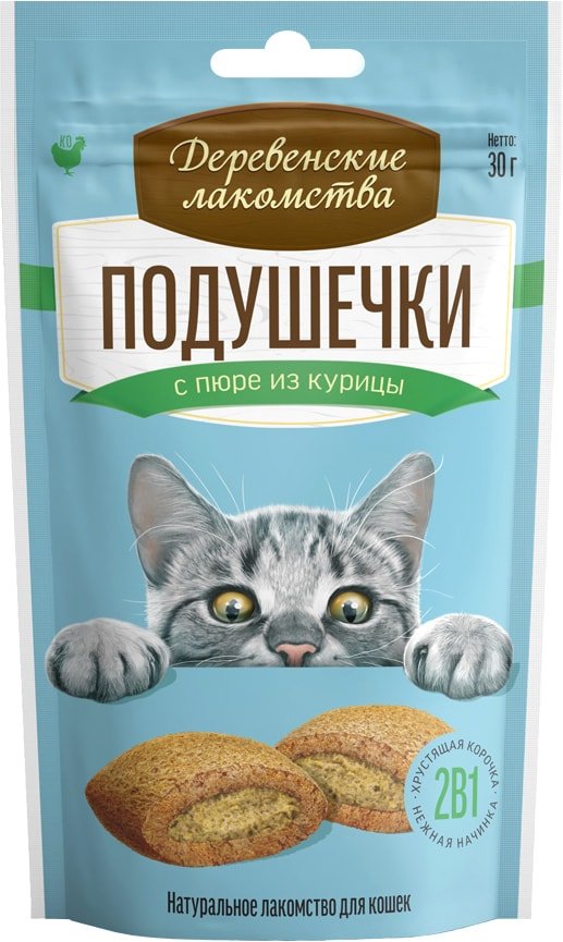 

Лакомство для кошек Деревенские лакомства Подушечки с пюре из курицы 30 г