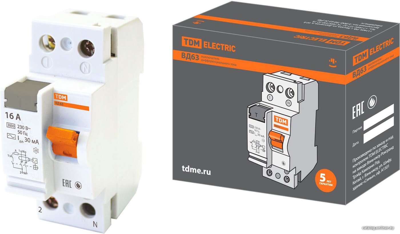 Устройство защитного отключения TDM Electric ВД63-2P-16А-30мА SQ0220-0001