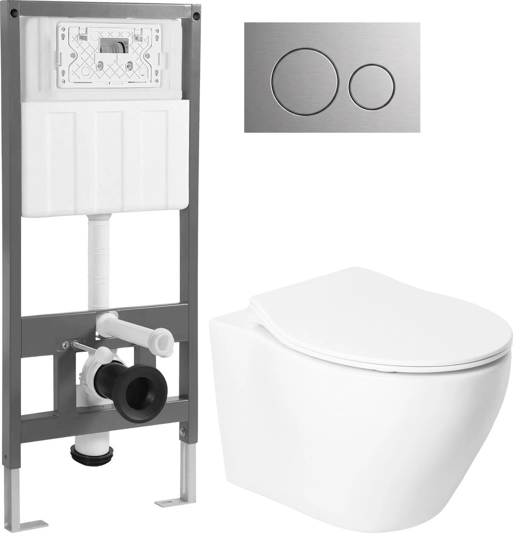 Унитаз подвесной Saniteco KW-99046 + 501 + K01-SBR (с кнопкой, хром матовый)