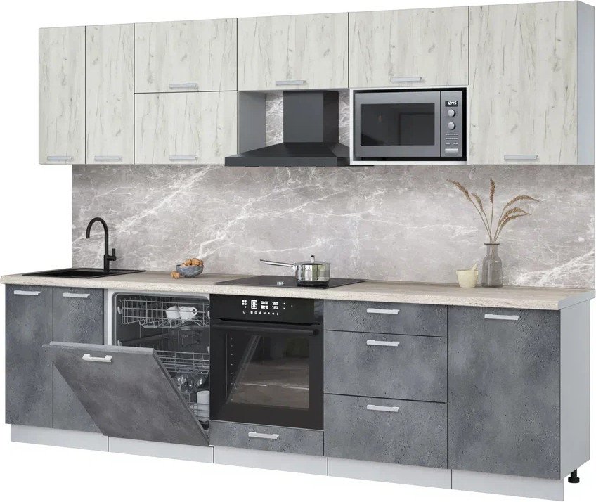 

Готовая кухня Интерлиния Мила Лайт 2.9-ПМ2 (дуб белый/бетон портленд/травертин)