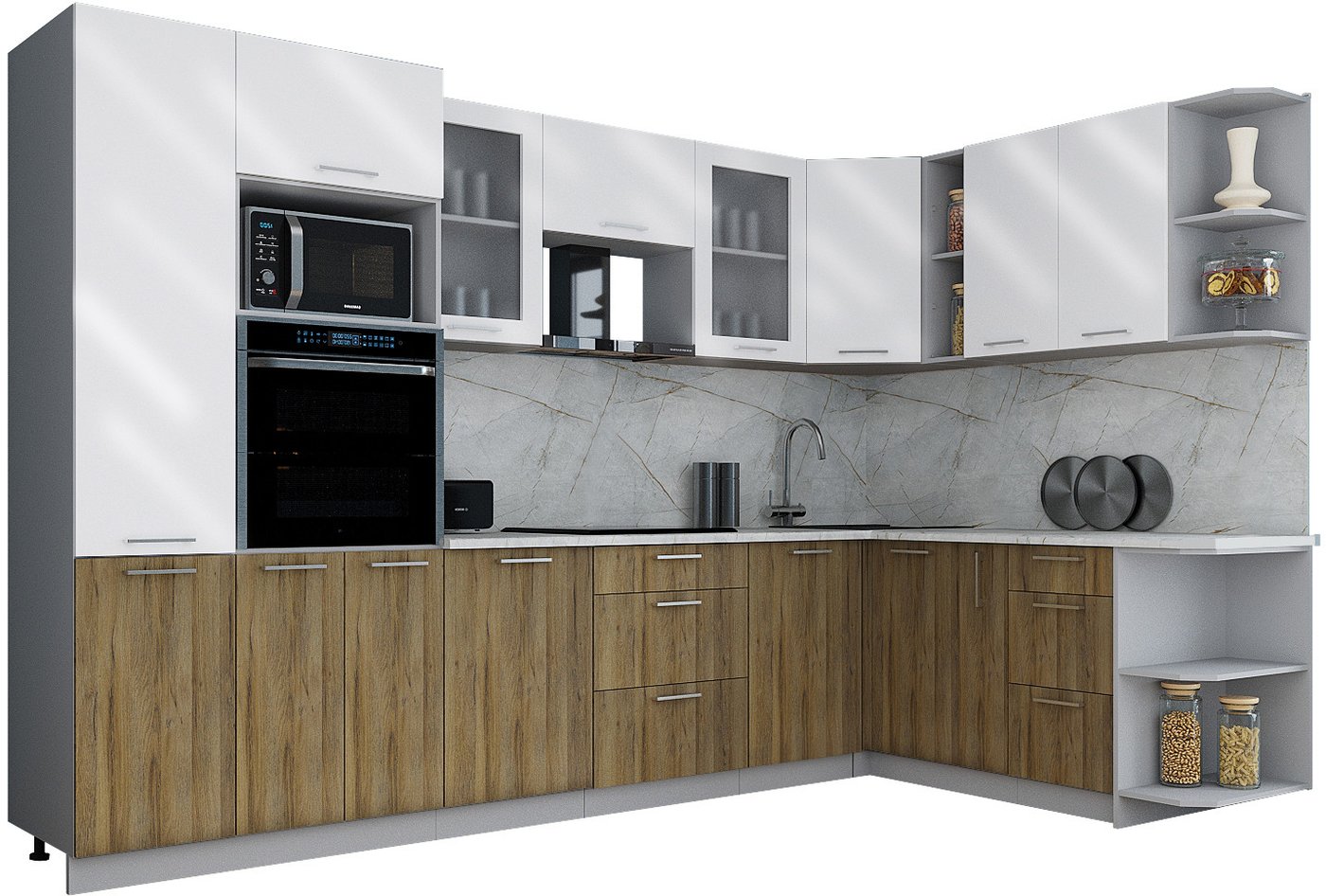 

Готовая кухня Интерлиния Мила Gloss 1.88x3.2 правая (белый глянец/дуб вотан/травертин серый)