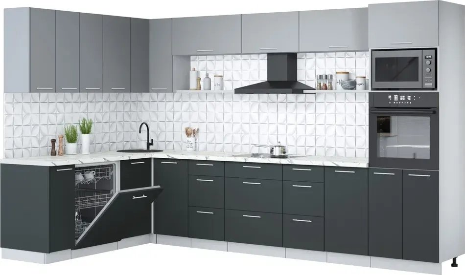 

Готовая кухня Интерлиния Мила Лайт 1.896х3.38-2 (серебро/антрацит/белый гранит)