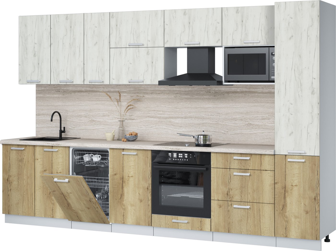 

Готовая кухня Интерлиния Мила Лайт 3.3-ПМ4 (дуб белый/дуб золотой/травертин серый)