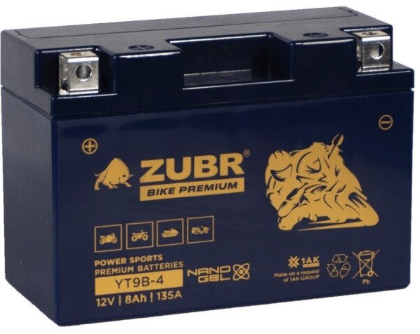 Мотоциклетный аккумулятор Zubr Premium YT9B-4 L+ (8 А·ч)