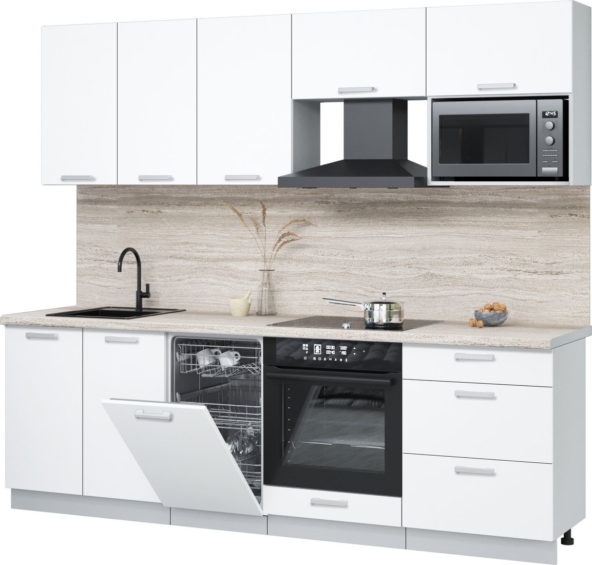 

Готовая кухня Интерлиния Мила Лайт 2.45-ПМ4 (белый платинум/белый платинум/травертин серый)