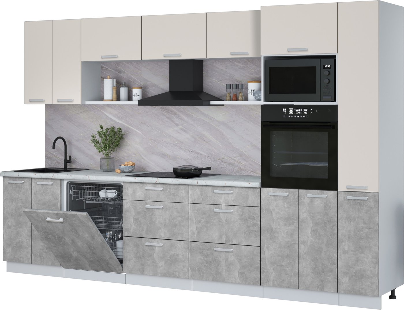 

Готовая кухня Интерлиния Мила Лайт 3.3-ПМ1 (персидский жемчуг/бетон/серый каспий)