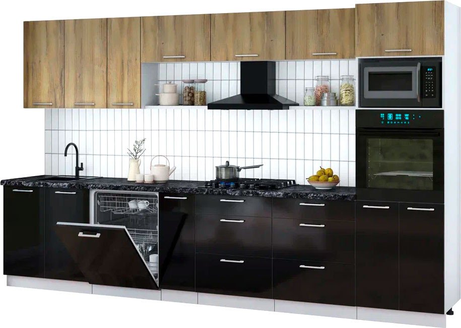 

Готовая кухня Интерлиния Мила Gloss 3.5-ПМ1-2 (черный глянец/дуб вотан/кастилло темный)