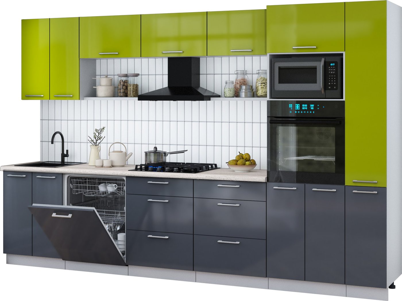 

Готовая кухня Интерлиния Мила Gloss 3.3-ПМ1 (асфальт глянец/яблоко глянец/травертин серый)