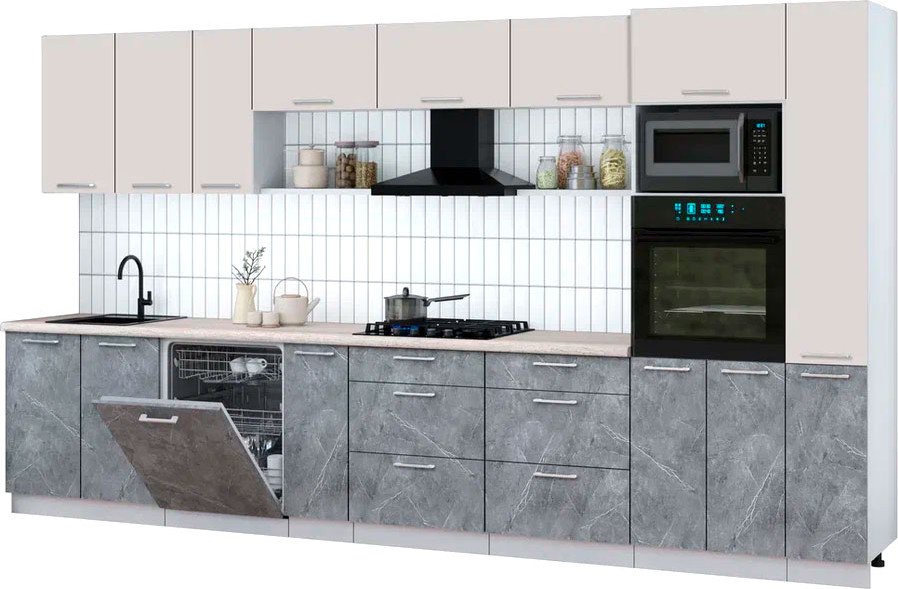 

Готовая кухня Интерлиния Мила Gloss 3.8-ПМ1 (керамика/кашемир/травертин серый)