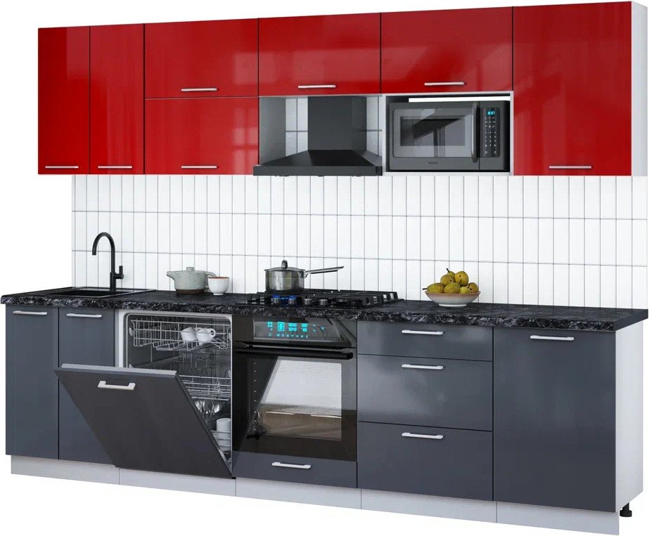 

Готовая кухня Интерлиния Мила Gloss 2.9-ПМ2 (асфальт глянец/красный глянец/кастилло темный)