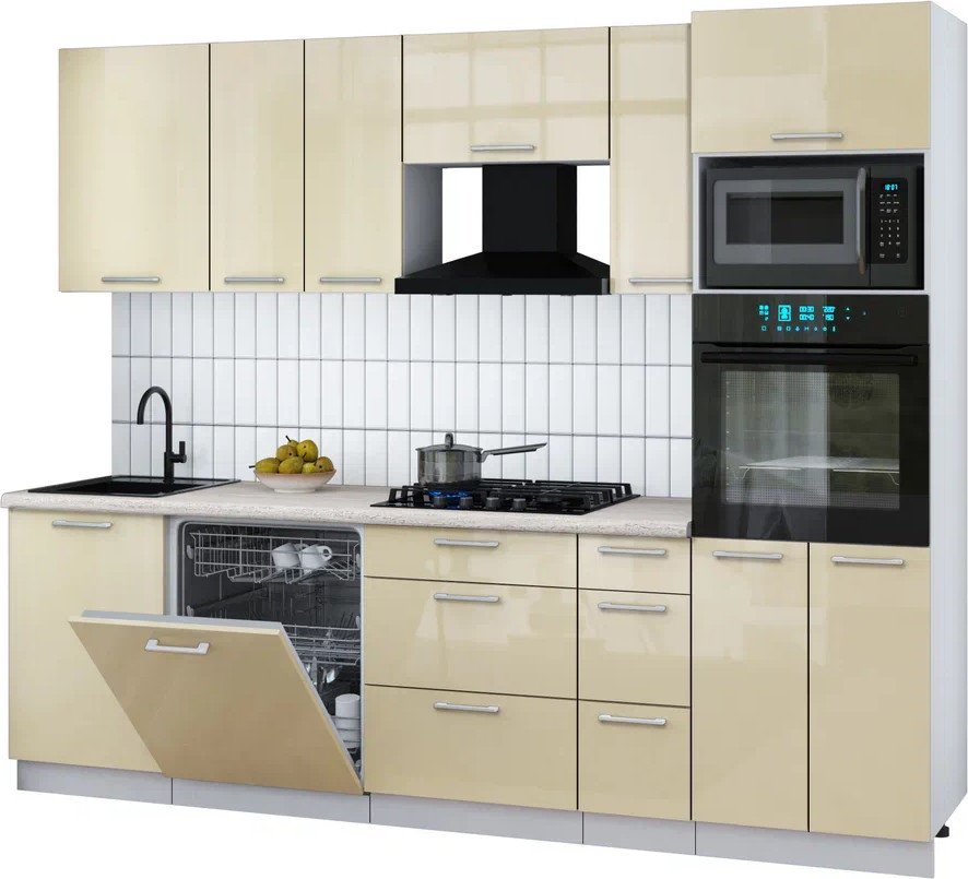 

Готовая кухня Интерлиния Мила Gloss 2.6-ПМ1 (ваниль глянец/ваниль глянец/травертин серый)