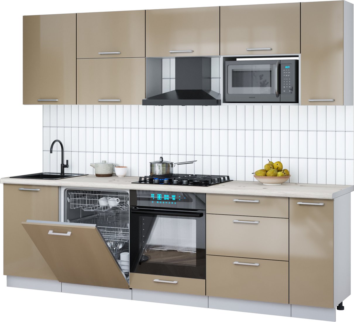 

Готовая кухня Интерлиния Мила Gloss 2.6-ПМ2 (капучино глянец/капучино глянец/бискайская сосна)