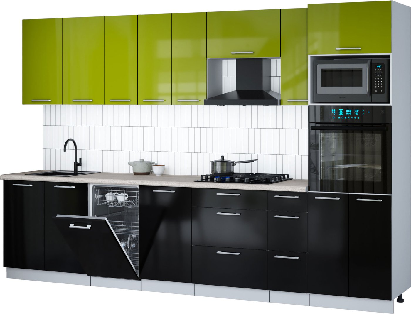 

Готовая кухня Интерлиния Мила Gloss 3.2-ПМ3 (черный глянец/яблоко глянец/травертин серый)