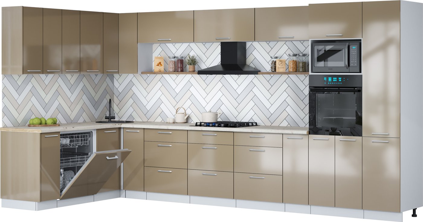 

Готовая кухня Интерлиния Мила Gloss 1.896х3.98 (капучино глянец/капучино глянец/бискайская сосна)