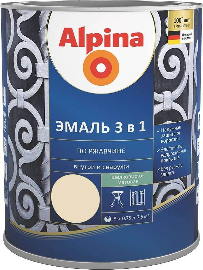 

Эмаль Alpina По ржавчине 3 в 1 RAL1015 0.75 л (шелковисто-матовый слоновая кость)