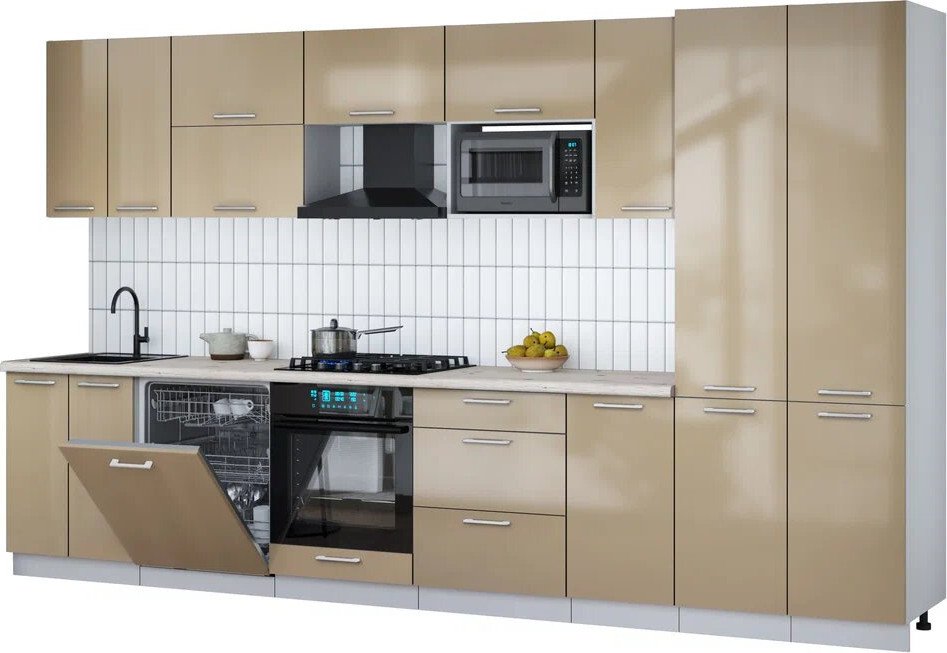 

Готовая кухня Интерлиния Мила Gloss 3.6-ПМ2 (капучино глянец/капучино глянец/бискайская сосна)