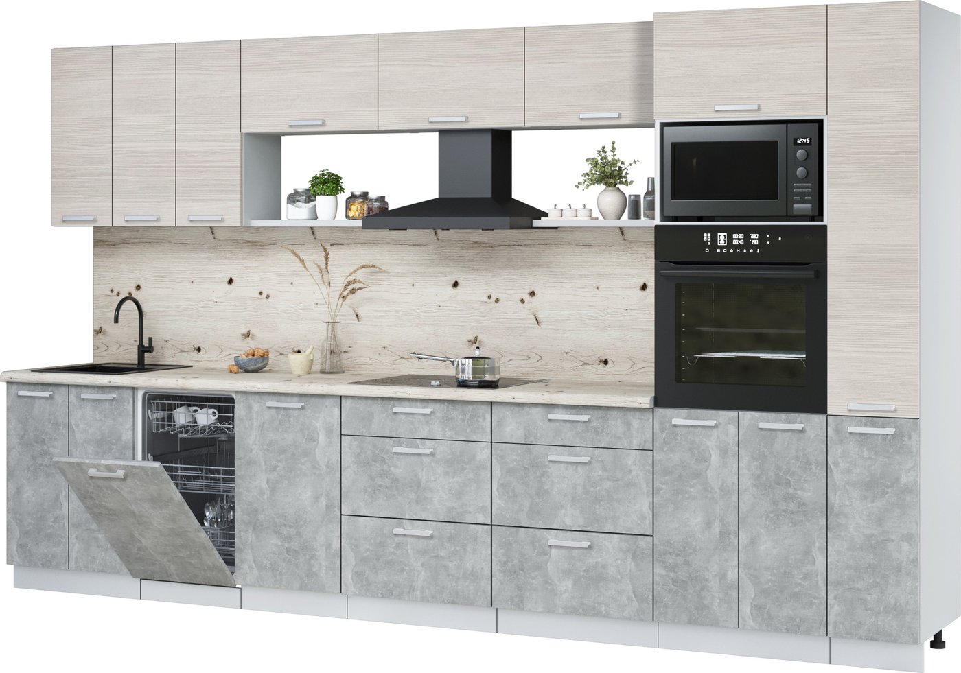 

Готовая кухня Интерлиния Мила Лайт 3.6-ПМ3 (вудлайн кремовый/бетон/бискайская сосна)