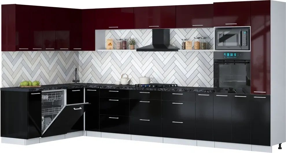 

Готовая кухня Интерлиния Мила Gloss 1.896х3.88 (черный глянец/бордовый глянец/кастилло темный)