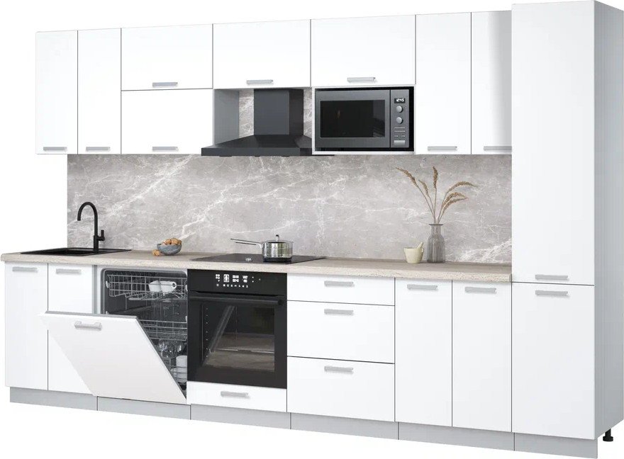 

Готовая кухня Интерлиния Мила Лайт 3.4-ПМ2 (белый платинум/белый платинум/травертин серый)