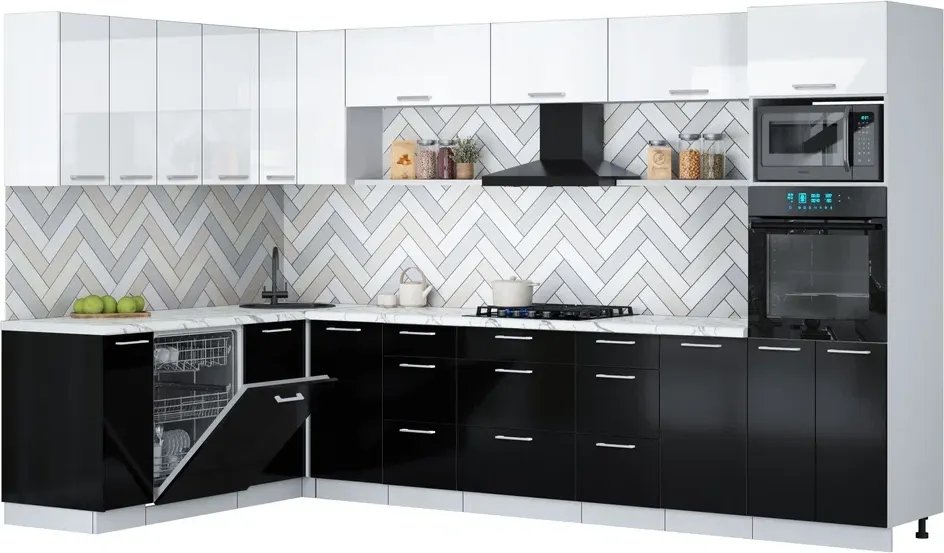 

Готовая кухня Интерлиния Мила Gloss 1.896х3.38-2 (черный глянец/белый глянец/белый гранит)