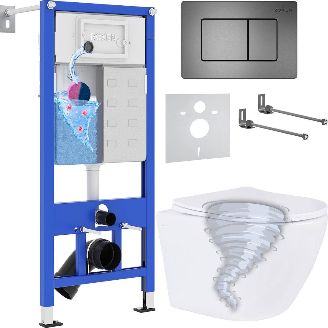 

Унитаз подвесной Roxen Antares Tornado Long в комплекте с инсталляцией StounFix Dual Fresh 6 в 1 868441 (кнопка: оружейная сталь матовая)