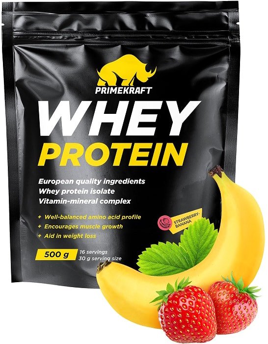 

Протеин сывороточный (концентрат) Prime Kraft Whey Protein с витаминами и минералами (500г, клубника/банан)