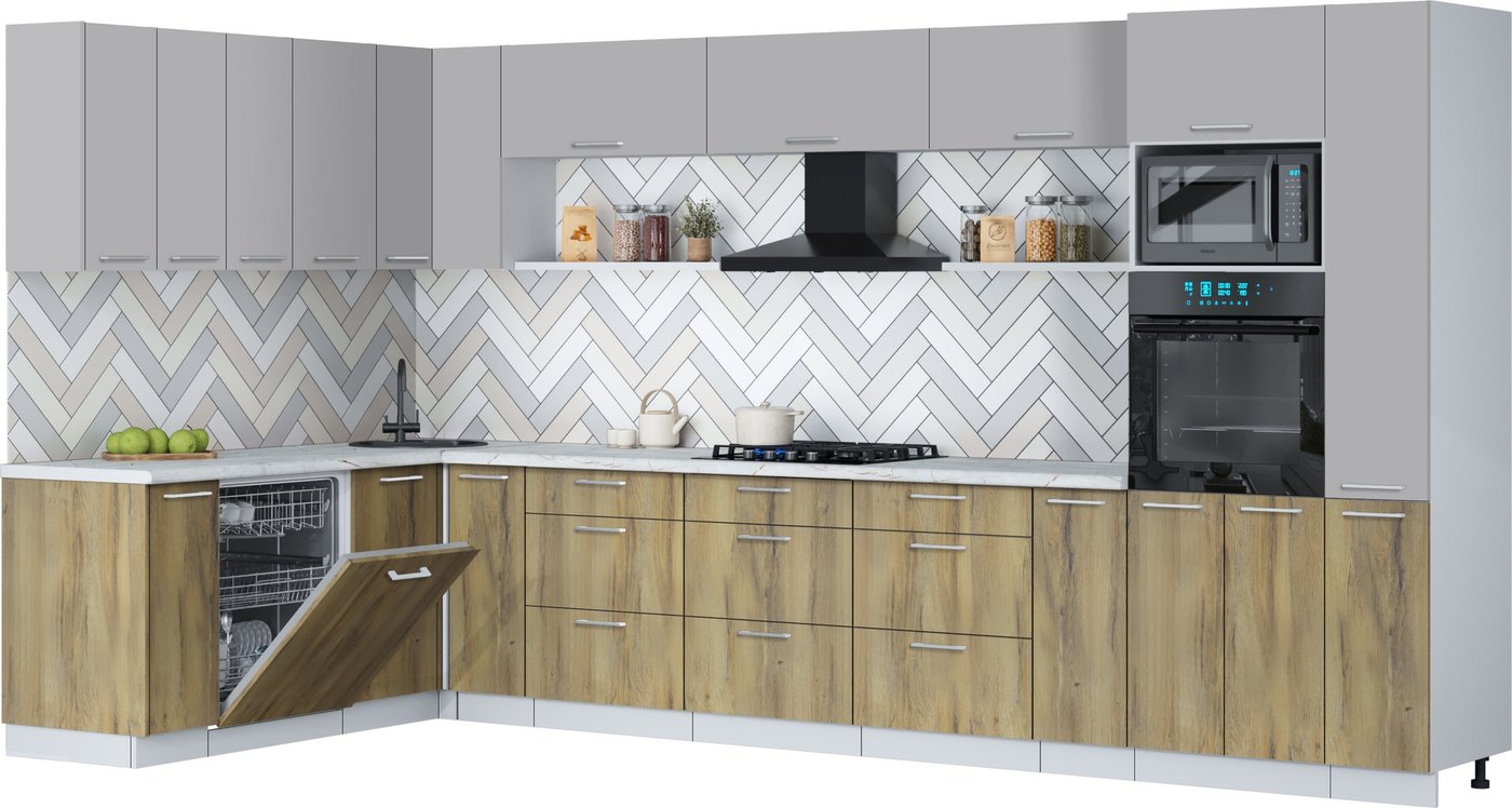 

Готовая кухня Интерлиния Мила Gloss 1.896х3.88 (дуб вотан/грей/серый каспий)