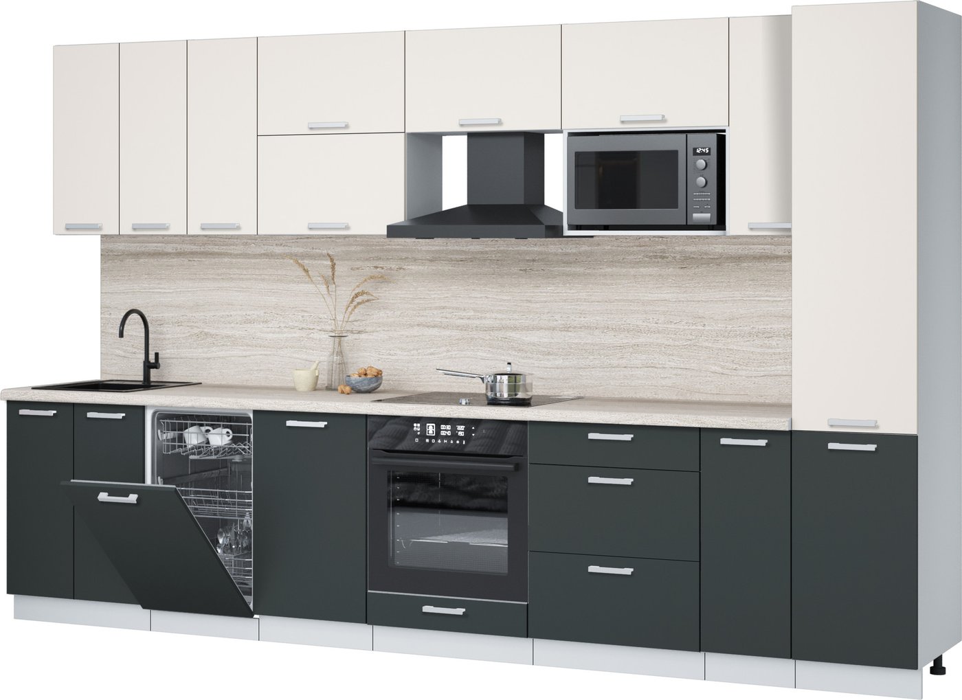 

Готовая кухня Интерлиния Мила Лайт 3.4-ПМ4 (персидский жемчуг/антрацит/травертин серый)