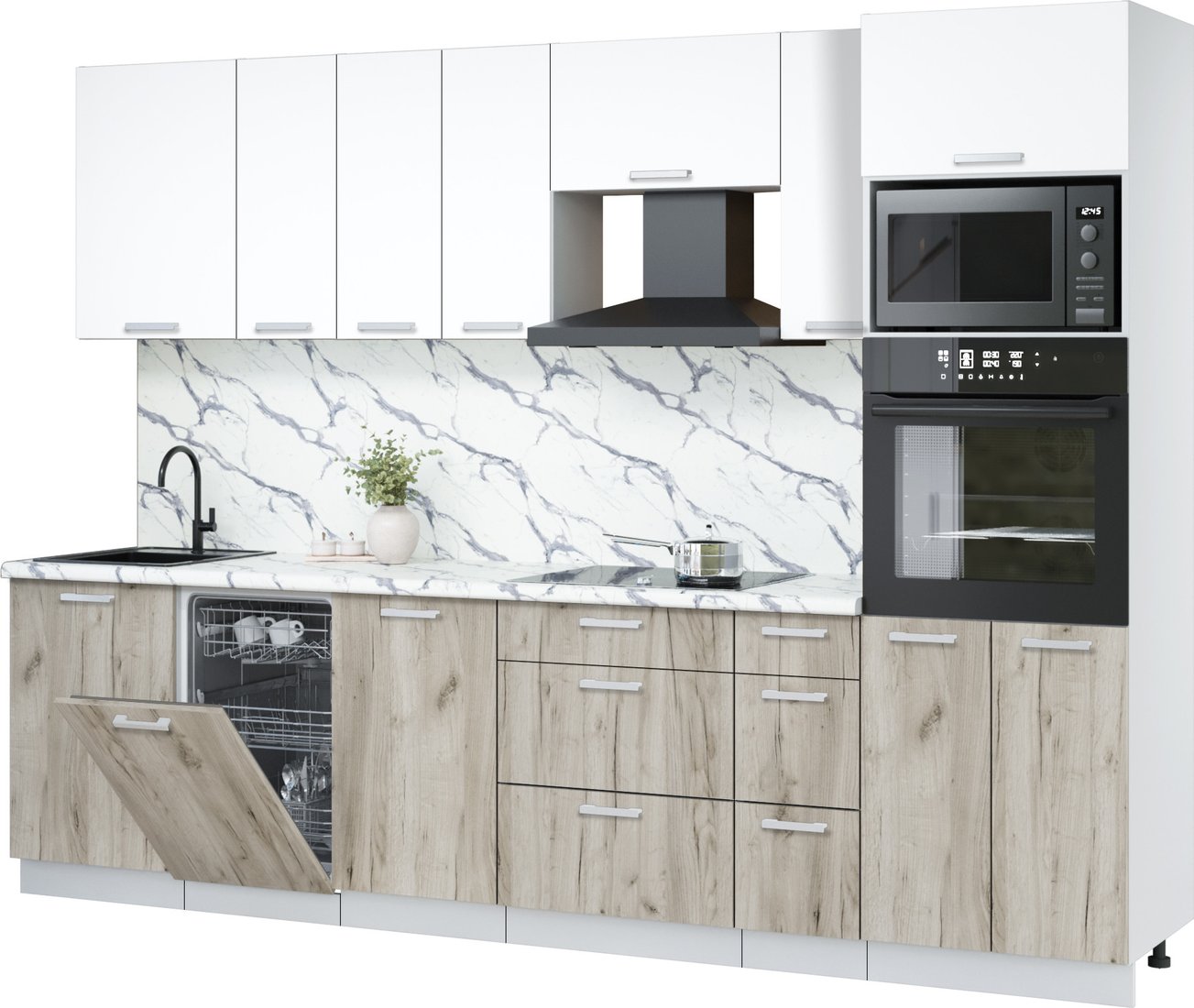 

Готовая кухня Интерлиния Мила Лайт 2.9-ПМ3 (белый платинум/дуб серый/белый гранит)