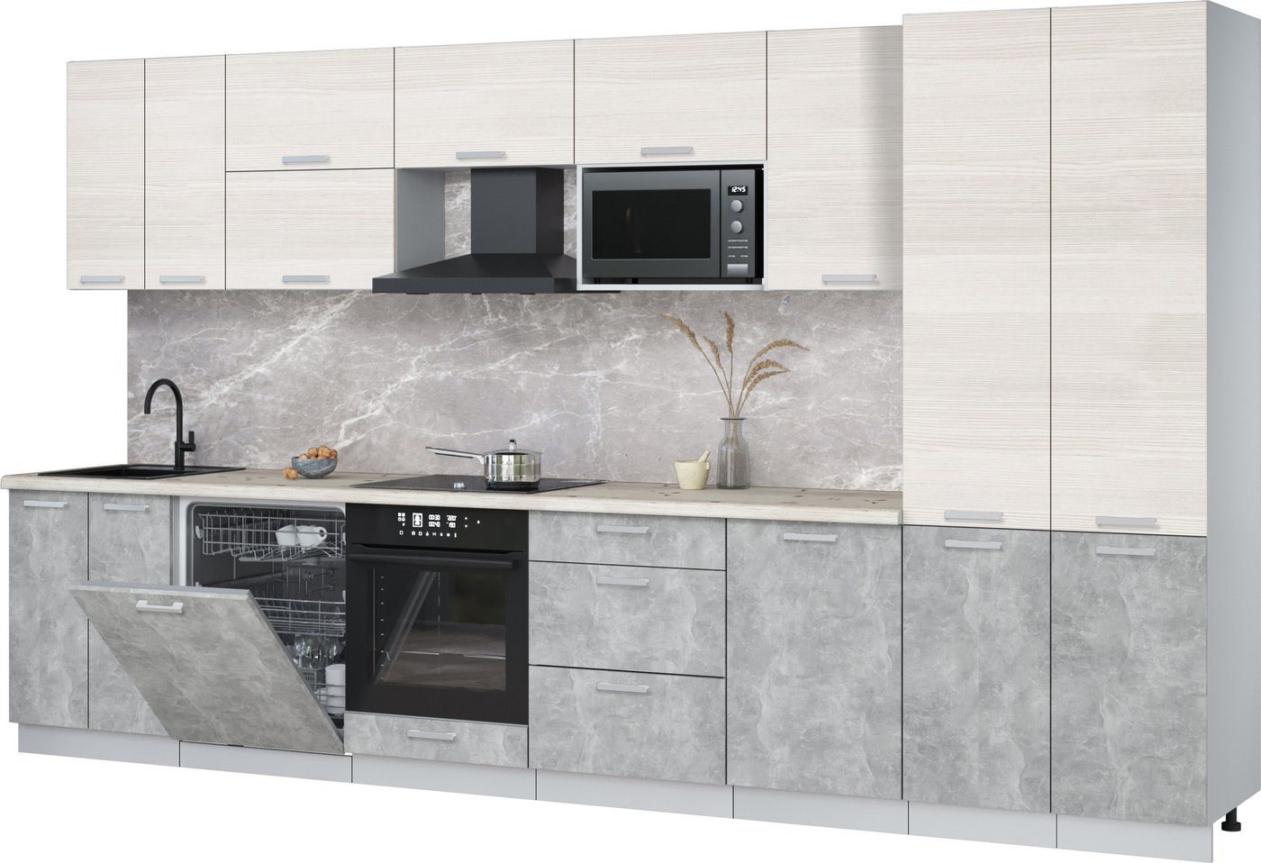 

Готовая кухня Интерлиния Мила Лайт 3.7-ПМ2 (вудлайн кремовый/бетон/бискайская сосна)