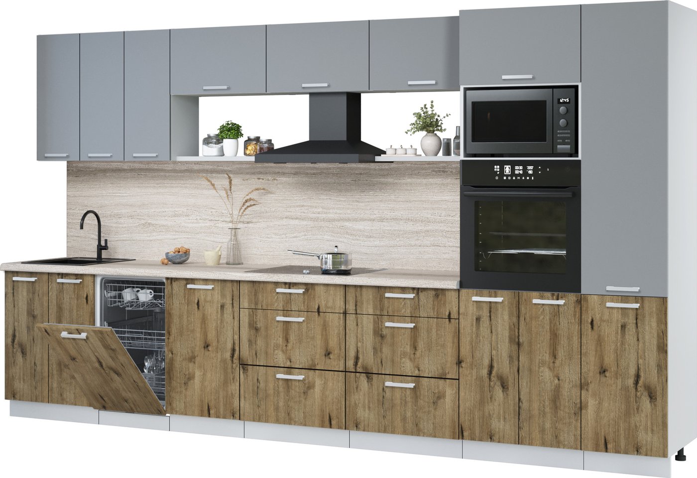 

Готовая кухня Интерлиния Мила Лайт 3.7-ПМ3 (серебро/дуб веллингтон/травертин серый)