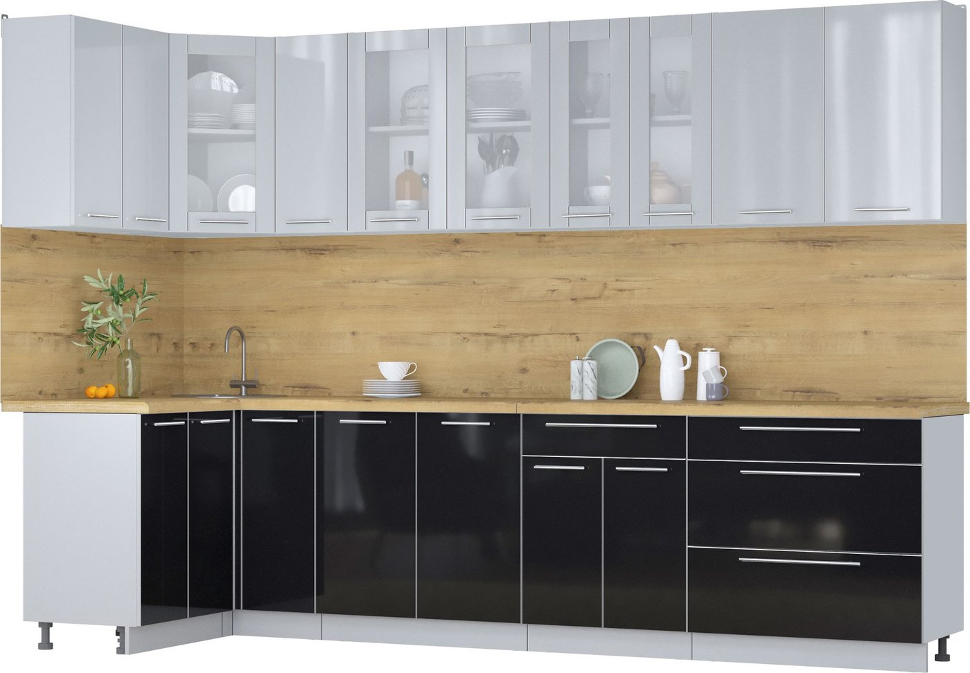 

Готовая кухня Интерлиния Мила Пластик 1.2x3.1 (туманный глянец/черный глянец/дуб бунратти)