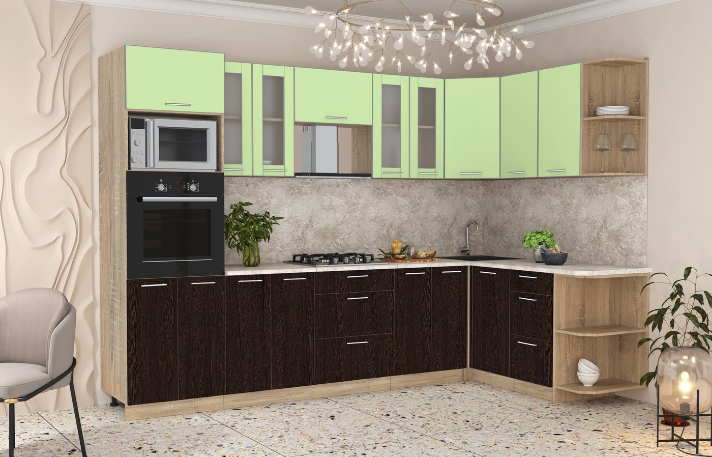 

Готовая кухня Интерлиния Мила 1.68x3.0 правая (салатовый/дуб венге/малага)