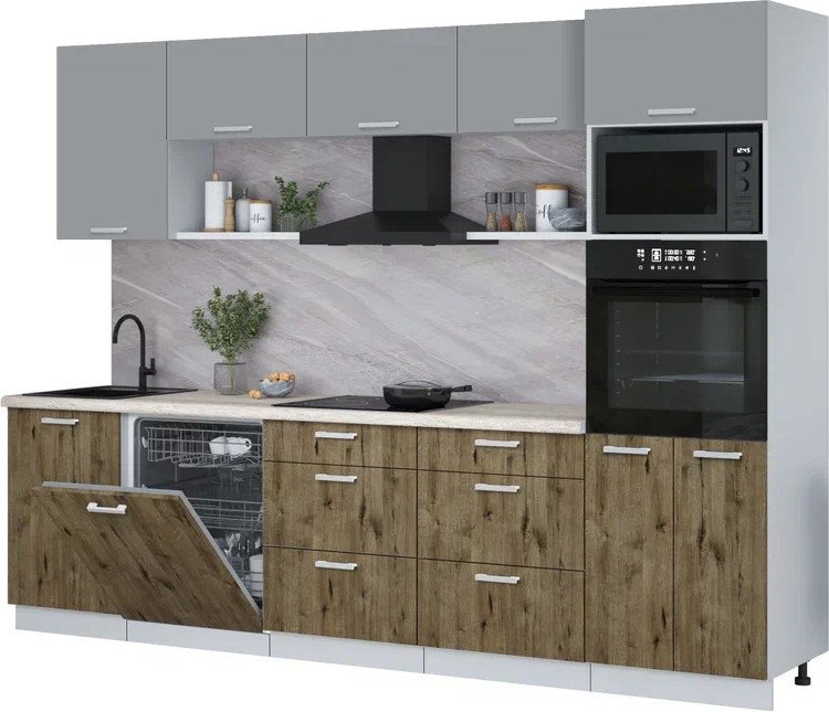 

Готовая кухня Интерлиния Мила Лайт 2.9-ПМ1 (серебро/дуб веллингтон/травертин серый)